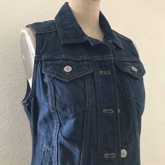 Express Indigo Blue Denim Jean Sleeveless Trucker Vest Pockets NWOT XS - Picture 3 of 10